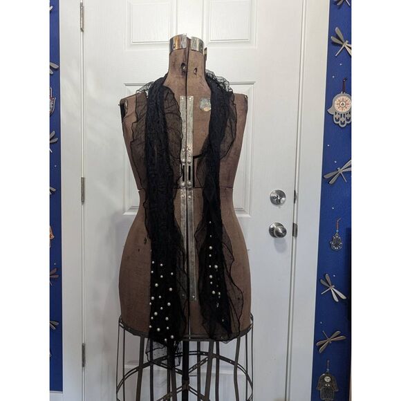 Boho Lace Silk/Poly Blend Scarf w/ Pearl Embellishments - Picture 3 of 9